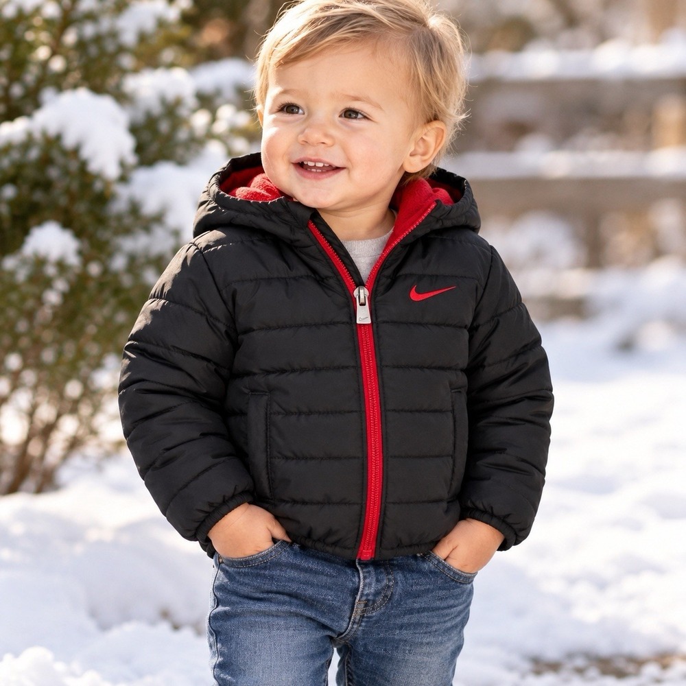 Nike Baby Toddler Hooded Puffer Jacket Full Zip Pockets Padded Black/Red 18M